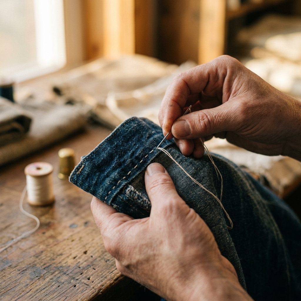 Warm-lit hands carefully preparing a denim sewing kit on a clean table
