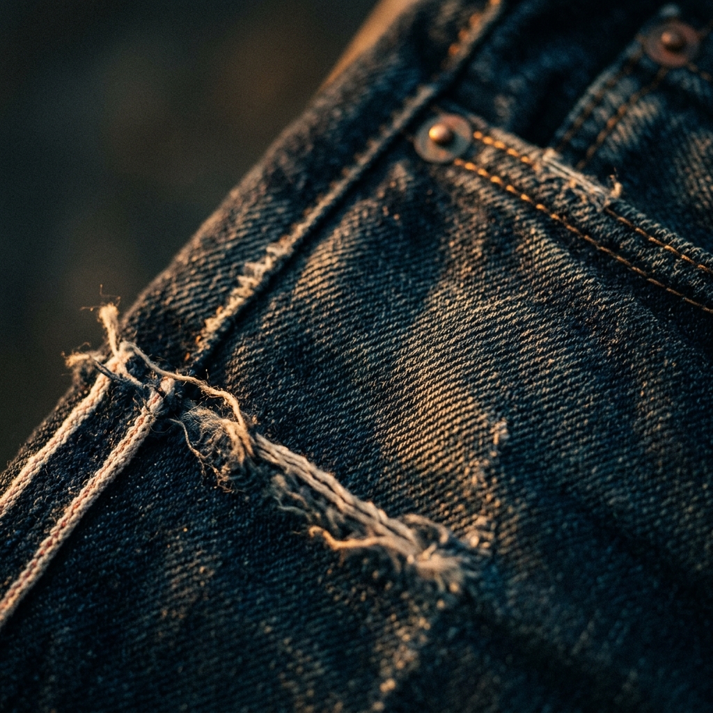 Atmospheric close-up of rich indigo denim fabric texture