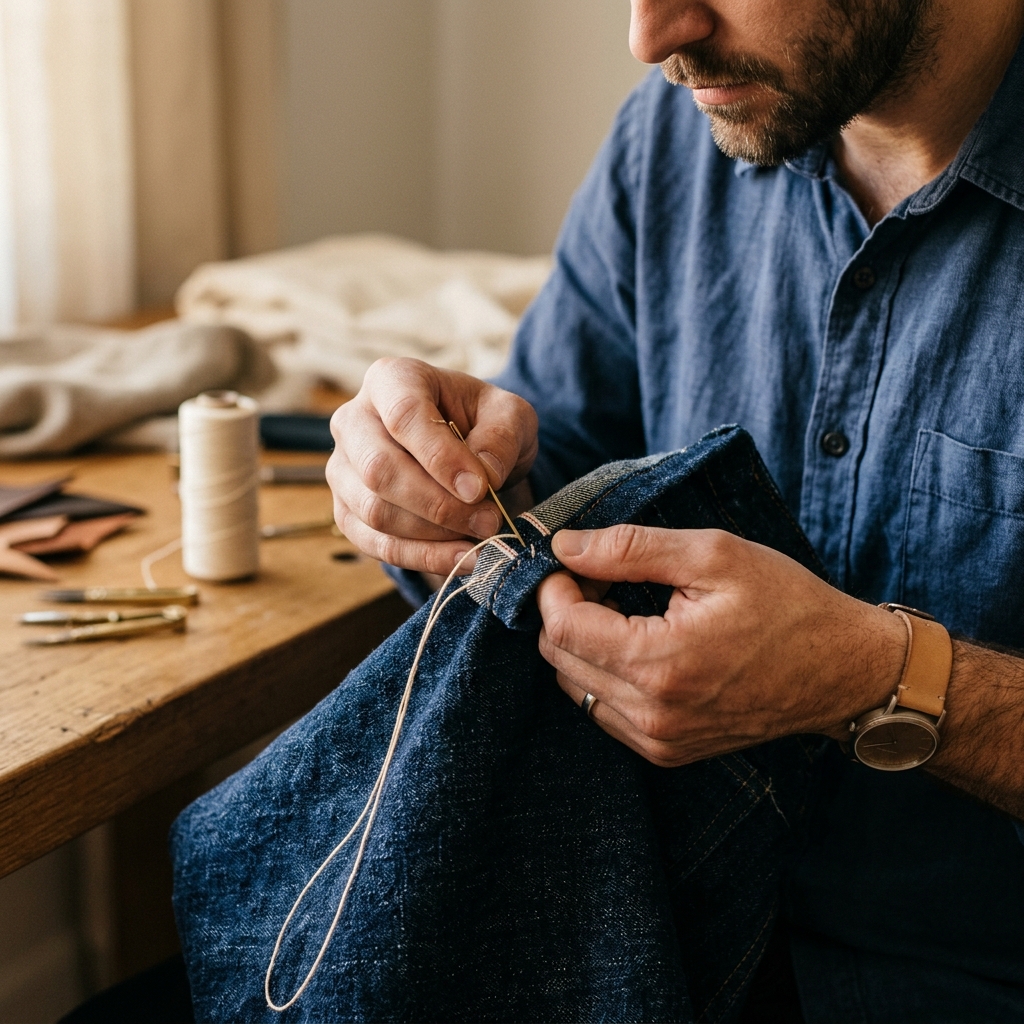 Warm-lit hands carefully preparing a denim sewing kit on a clean table