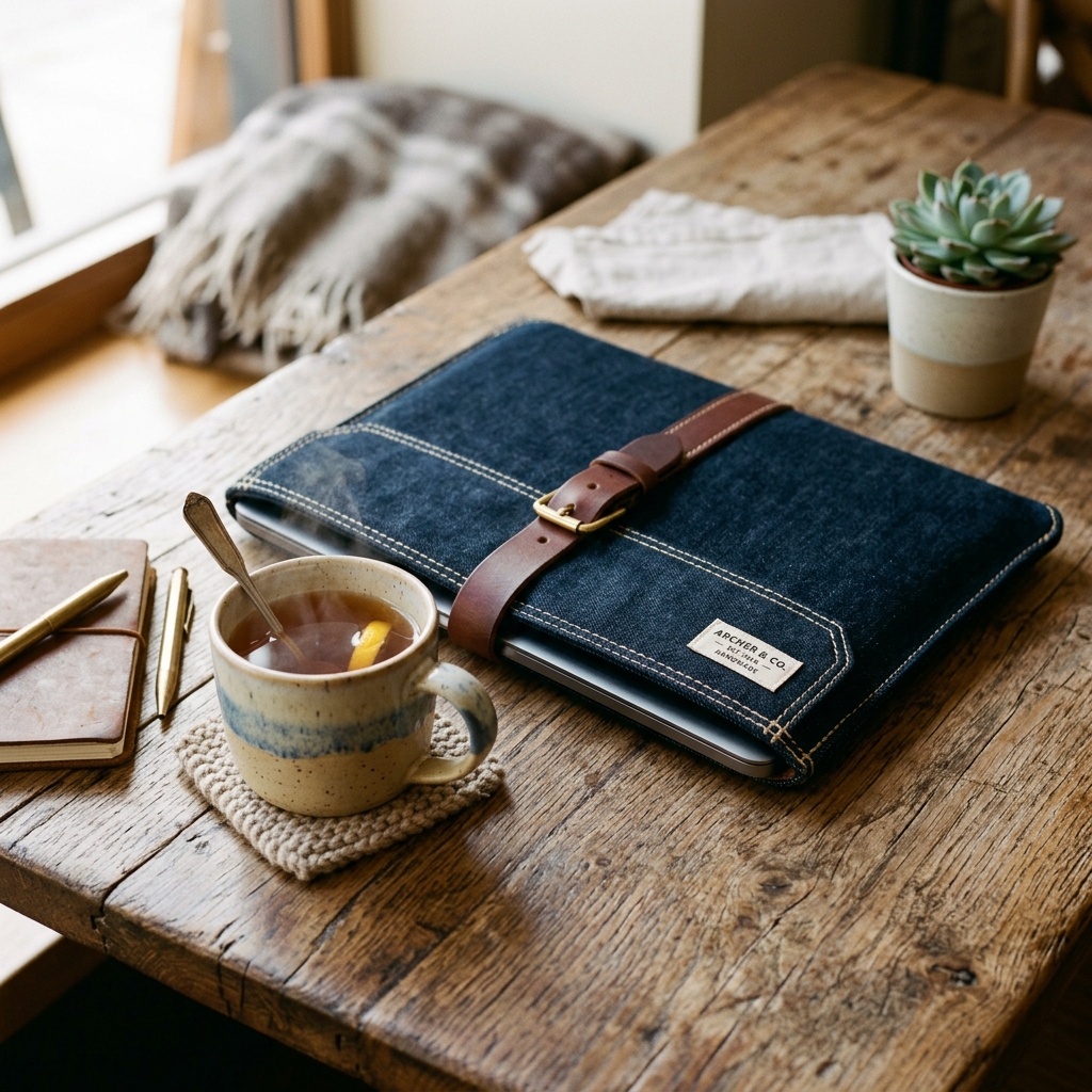 A beautifully imperfect hand-stitched denim sleeve showing the maker's personal signature