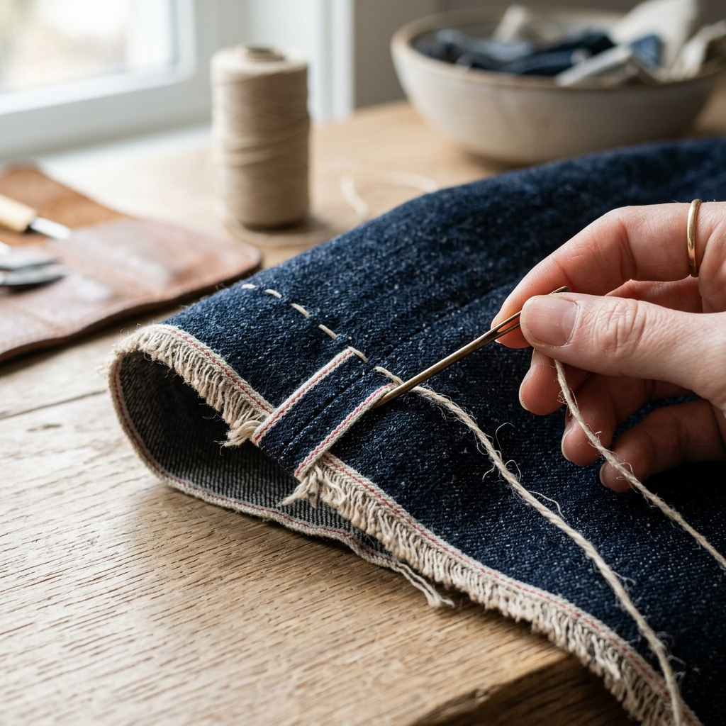 Close-up of hands pulling thick waxed thread through raw indigo denim fabric