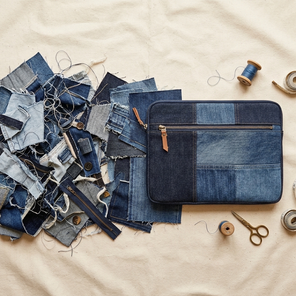 A beautifully imperfect hand-stitched denim sleeve showing the maker's personal signature