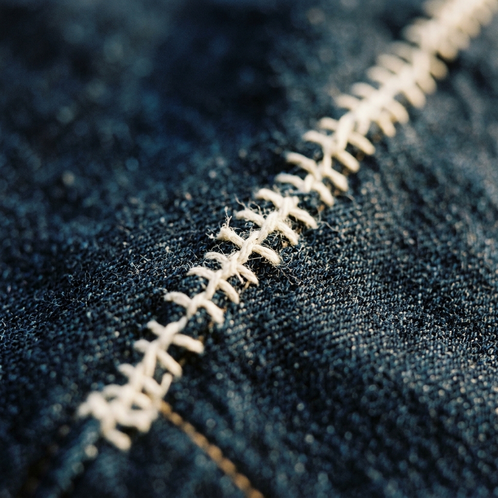 Close-up of hands pulling thick waxed thread through raw indigo denim fabric